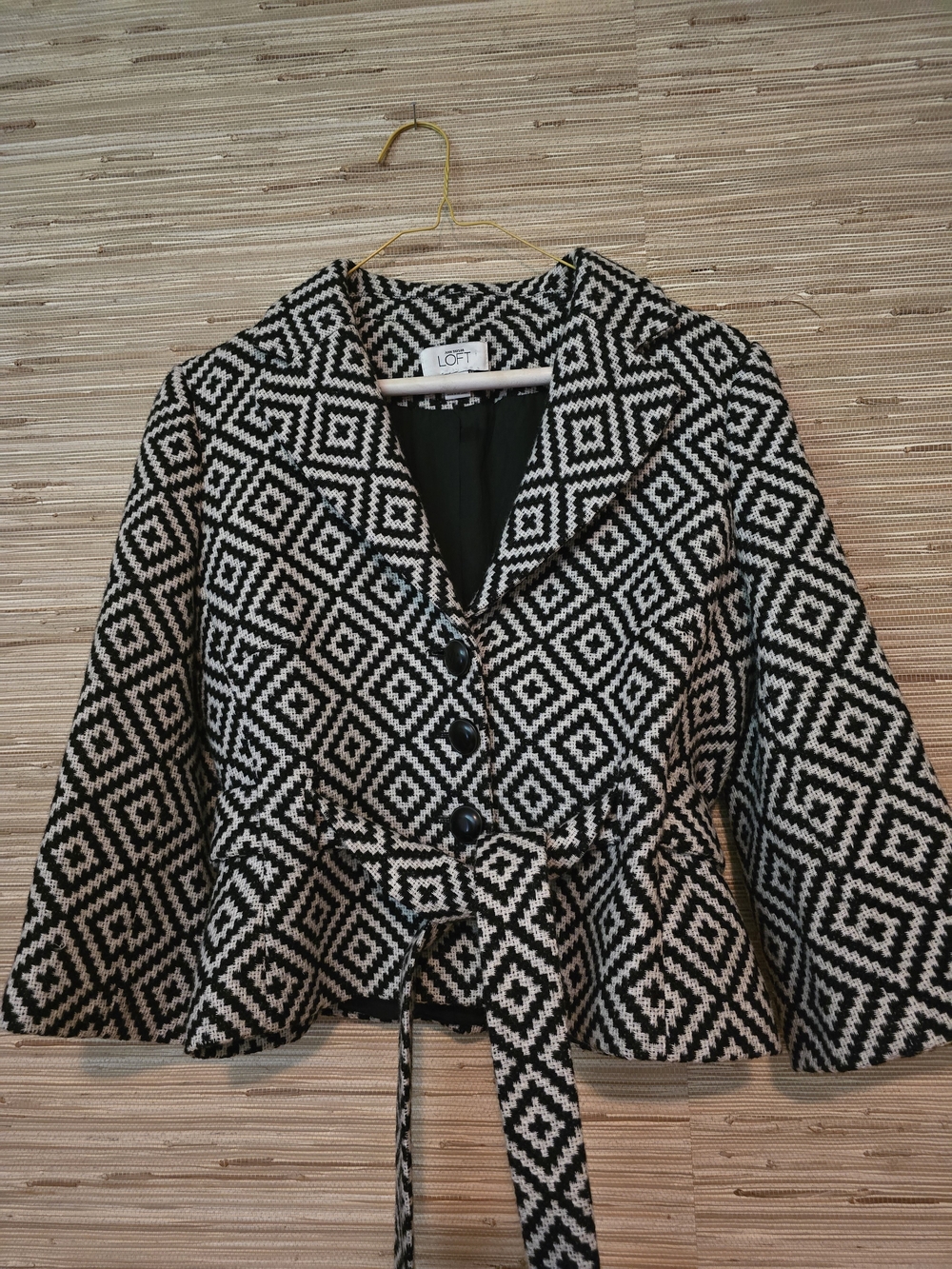LOFT Black and White Geometric Belted Blazer